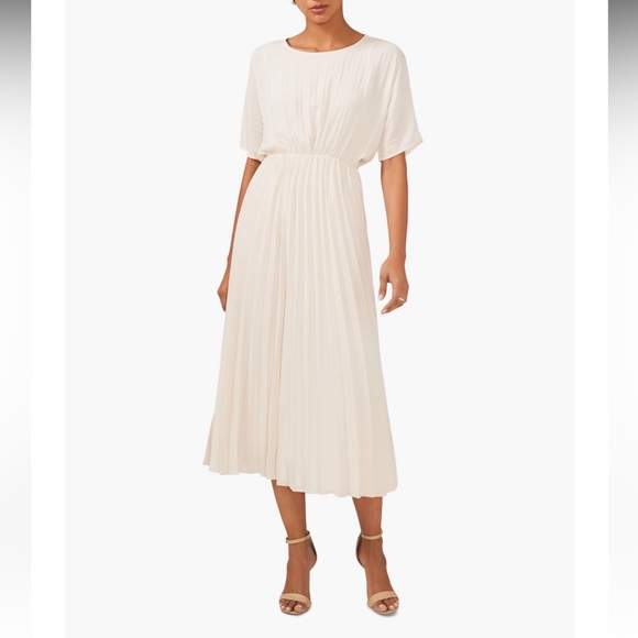 NWOT HALOGEN | $129 Elegant Cream Midi Pleated Dress - Picture 1 of 3